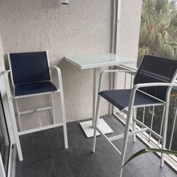 Lisbon Navy Blue Square Pub Table + 2 Barstools – $350 