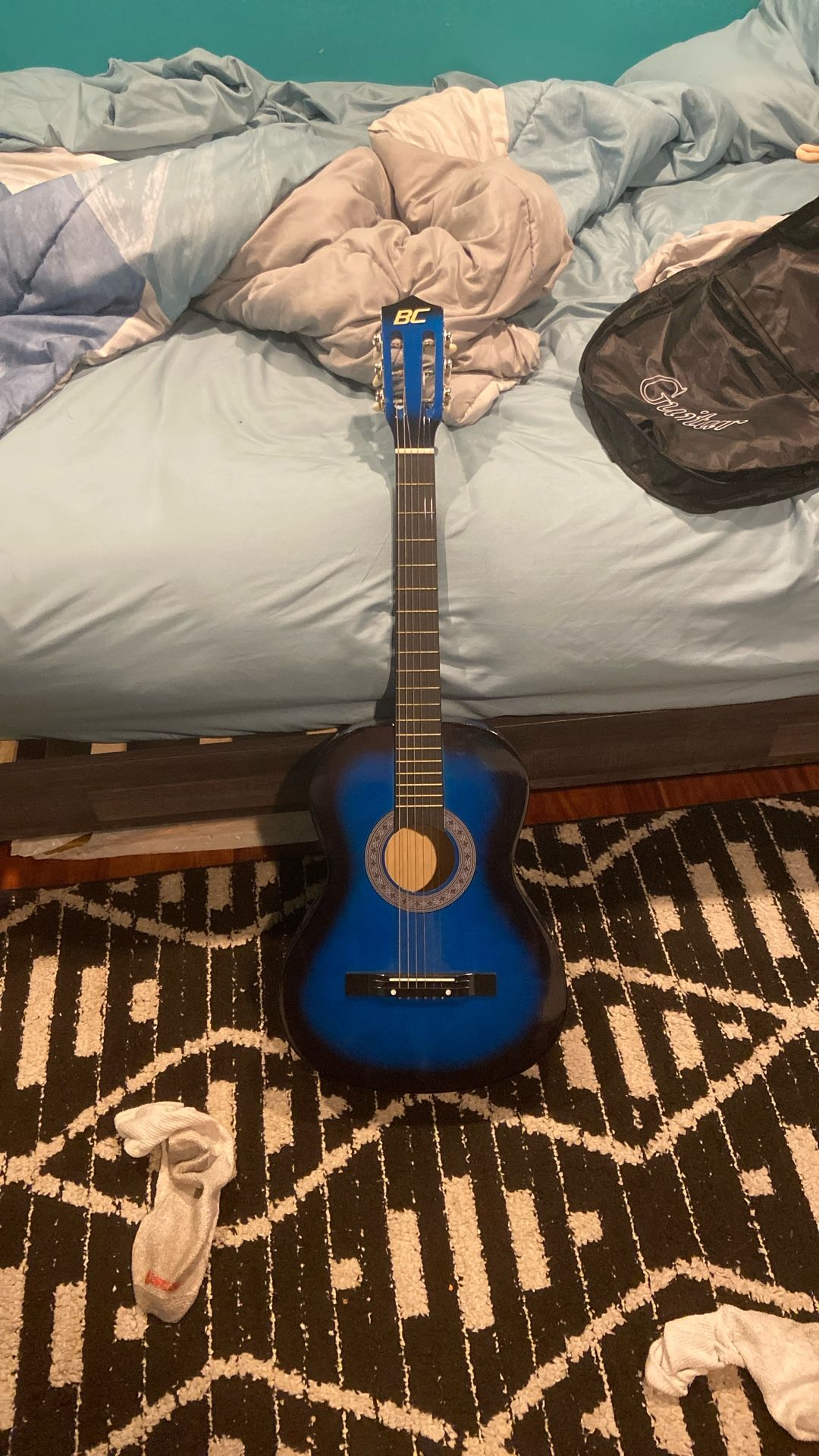 Blue BC Acoustic Guitar + Case, Extra Strings, Strummer & Tuner – Great Deal!
