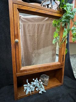 Vintage oak cabinet and oak frame pitcher