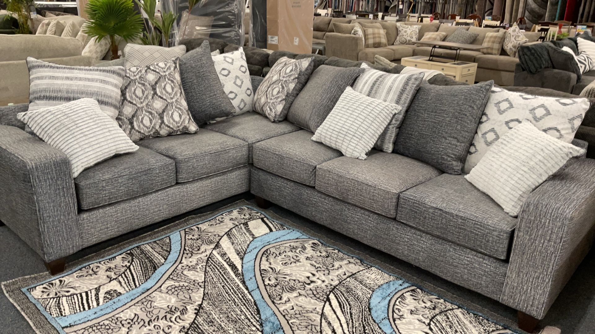 Blue/grey Sectional Fabric Material With Fuzzy Pillows Nice Centerpiece For Your Living Room Was $2500 20-50% Off Everything In Store