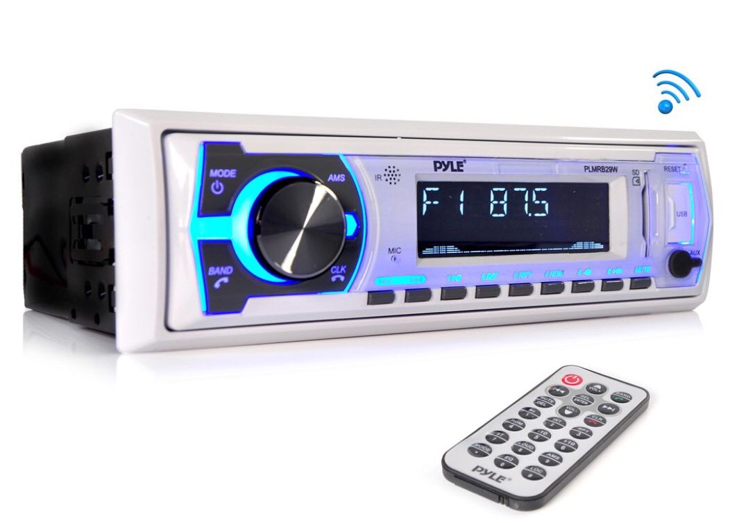 Pyle Marine Bluetooth Stereo Radio - 12v Single DIN Style Boat In dash Radio Receiver System with Built-in Mic, Digital LCD, RCA, MP3, USB, SD, AM FM
