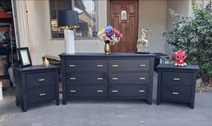 6 Drawer Dresser with Matching Pair of 2 Drawer Nightstands- Black with Gold