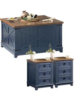 Farmhouse Coffee Table Set of 3, Furniture Set, Coffee Table with Hidden Storage Organizer and Nightsand 3-Piece Set, Large Country Natural Center Tab