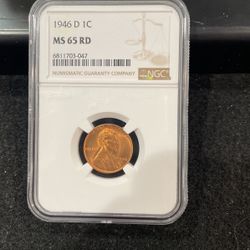 1946 D Gem Uncirculated Lincoln Wheat Penny Graded At MS65 In Bright Red C-1