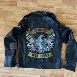 Vintage Ed Hardy Sz xl black leather jacket with patches and studs #biker #leatherjacket y2k paint chipping off