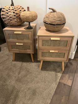 Set of 2 Rattan Nightstands with Drawers
