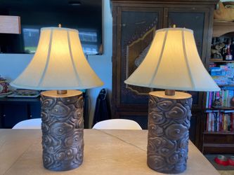 ELEGANT  30”   LAMPS WITH BROWN BASE & CREAM SILK LAMPSHADES