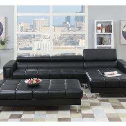 Black Faux Leather Sectional Sofa - Ottoman Sold Separate (Free Delivery)