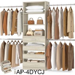 4-9Ft Closet Organizer with 4 Wooden Drawers, Wood Closet Organizer System with Tower, Walk-in Closet Organizer Wardrobe Clothes Rack with 4 Hanging R