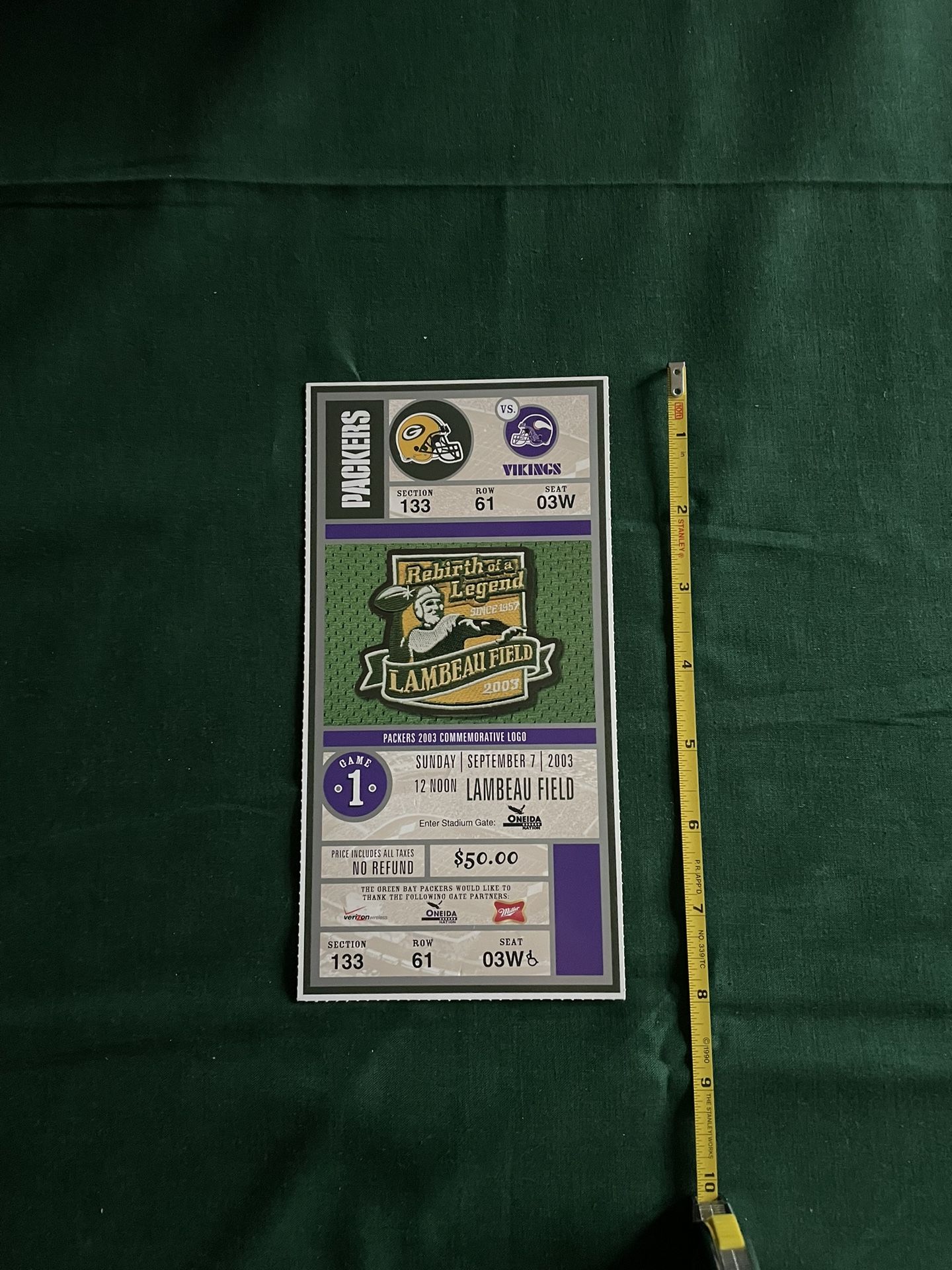 Green Bay Packers Commemorative Tickets Packers Vs Vikings Sunday September 7, 2003