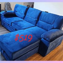 97.5"W Blue / Green  Velvet Fabric Reversible Sleeper Sectional Sofa Chaise - Limited Time Offer 