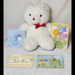 Vintage Plush Soft Teddy Bear With 4 Beautiful Detailed Welcome Baby Cards