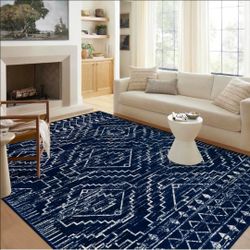 Wonnitar Moroccan Washable 9x12 Rug, Large Blue Rugs for Bedroom, Non-Slip Soft Living Room Area Rug, Boho Non-Shedding Ultra-Thin Floor Carpet for Di