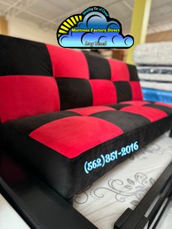 Red and black futon couch sofa new convertible cama