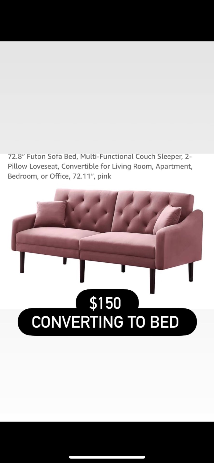 72.8" Futon Sofa Bed, Multi-Functional Couch Sleeper, 2-Pillow Loveseat, Convertible for Living Room, Apartment, Bedroom, or Office, 72.11", pink