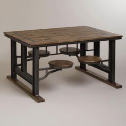 Rustic Farm-Style Dining Table with Four Attached Seats Made of Wood & Iron