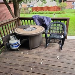 Ceramic Table Top Firepit Table And 4 Wicker Rocking Chairs 