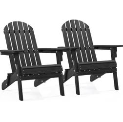 2 Folding Adirondack Chair Solid Wood Garden Chair Fire Pit Lounge Chairs, Black