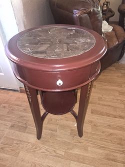 Round Wood Side Table with Marble Top