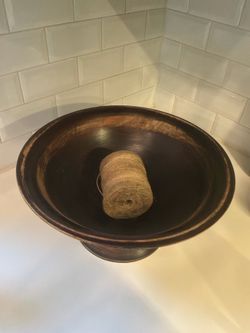 Pottery Barn Rustic Wood Pedestal Bowl – Hand-Finished Decorative Centerpiece