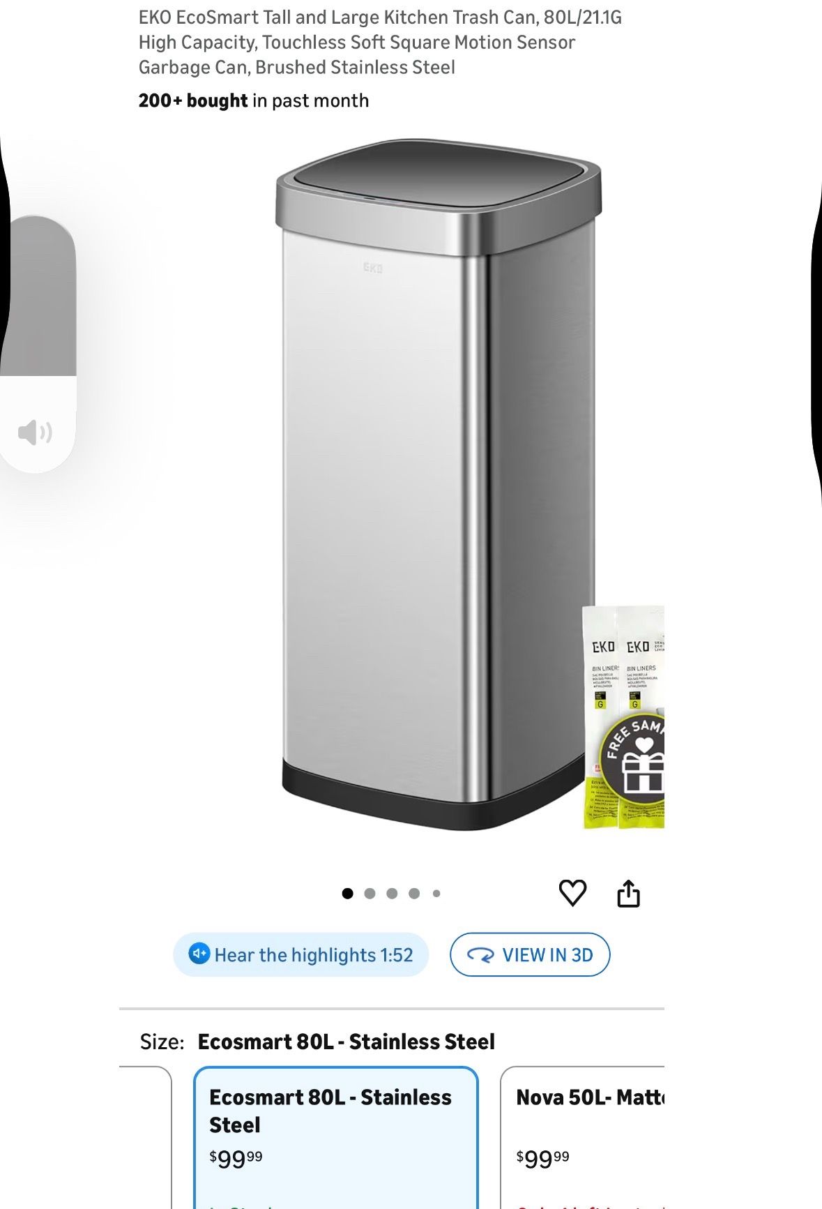 EKO EcoSmart Tall and Large Kitchen Trash Can, 80L/21.1G High Capacity, Touchless Soft Square Motion Sensor Garbage Can, Brushed Stainless Steel
