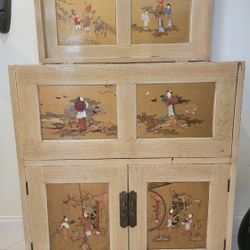 MOP Carved Vintage Asian Dry Bar Liquor Wine Cabinet