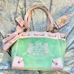 New Green Pink Juicy Couture Purse Daydreamer Tote Bag Velour Scottie Dog 