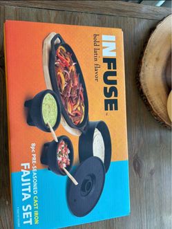 Brand New Infuse 8pc Pre-Seasoned Cast Iron Fajita Set