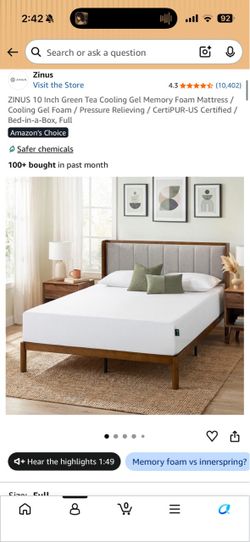 Set of 2 Zinus 10” Memory Foam Mattresses – Like New