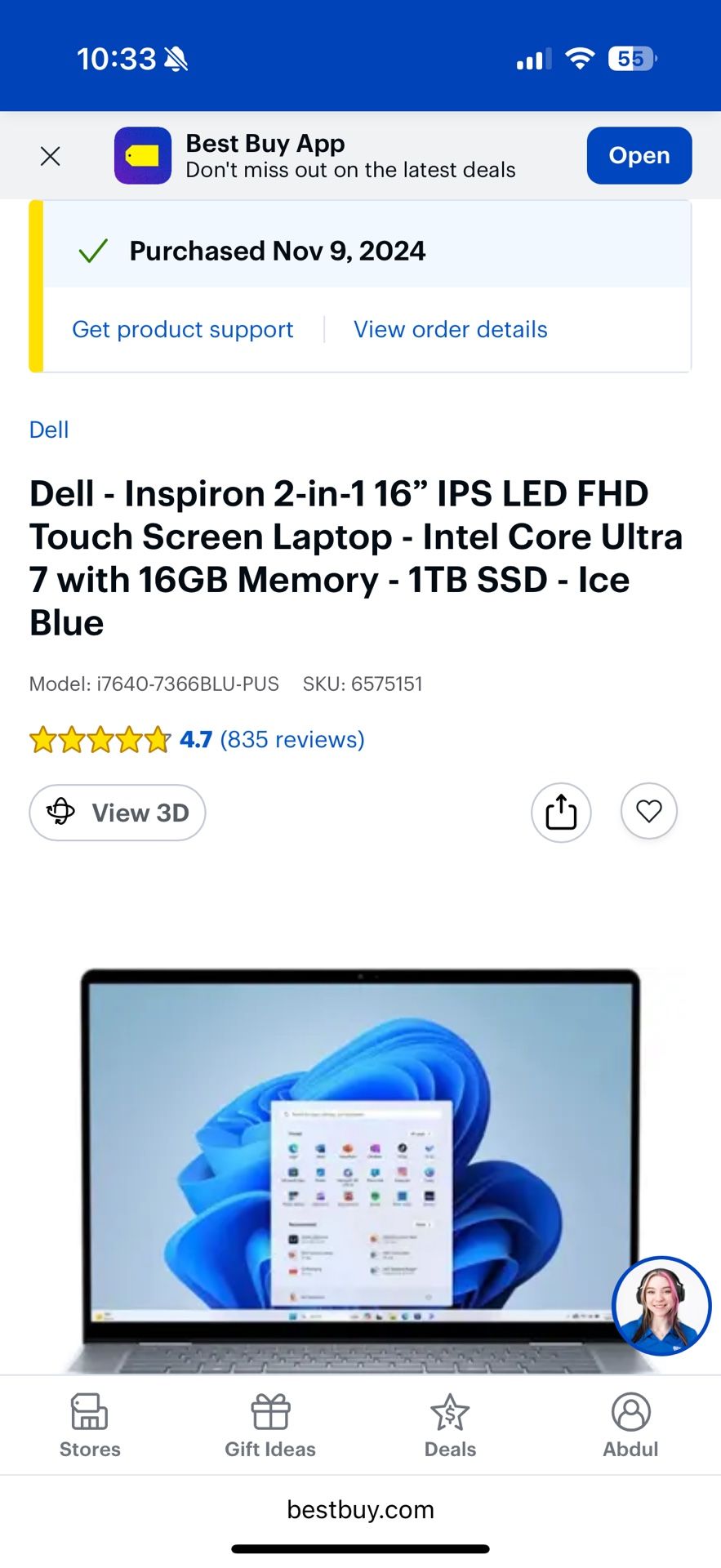 Dell - Inspiron 2-in-1 16” IPS LED FHD Touch Screen Laptop - Intel Core Ultra 7 with 16GB Memory - 1TB SSD - Ice Blue