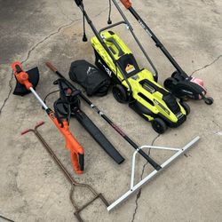 LOT OF LAWN CARE EQUIPMENT AND TOOLS