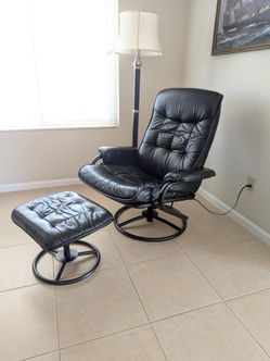Black Leather Swivel Recliner and Ottoman