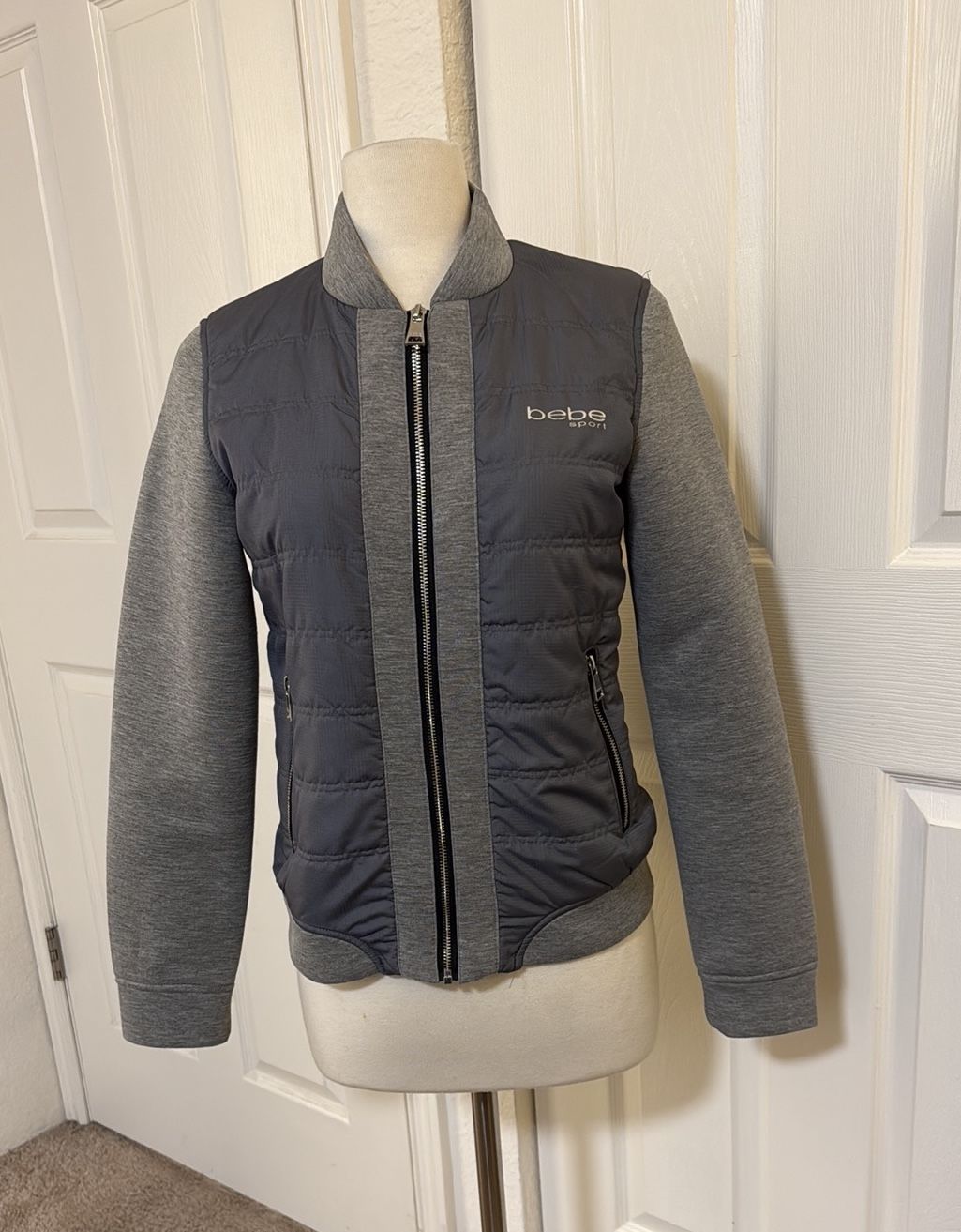 Bebe Sport Gray Bomber Jacket Quilted Hybrid Design