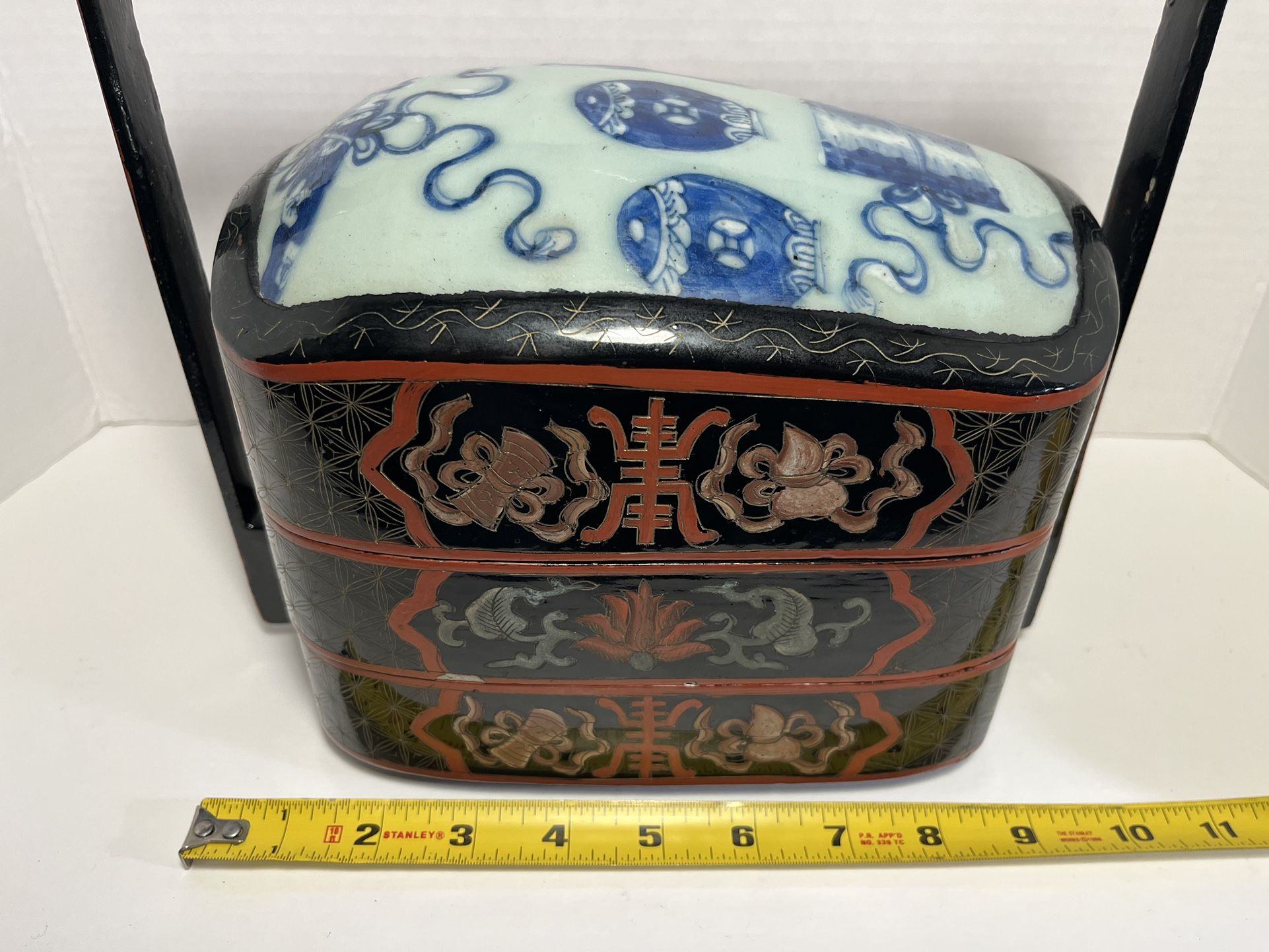 Large Vintage Chinese Wooden Lacquer and Porcelain Shard Storage Wedding Box
