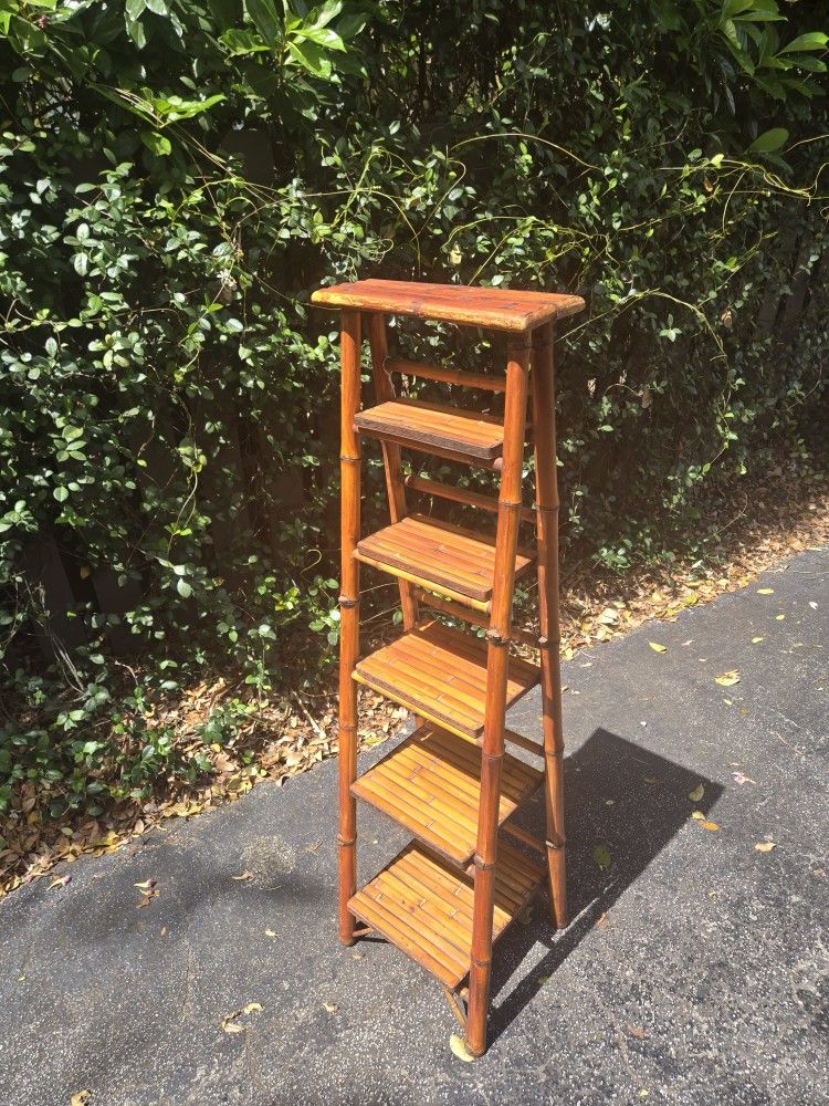 Vintage Bamboo Folding Etagere Ladder Bookshelf/Plant Stand