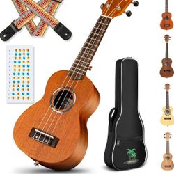 CAHAYA Concert Ukulele 23 Inch Ukulele Kit Beginner Starter with Carrying Bag, Shoulder Strap, Fretboard Stickers, for Both Adults and Kids in Mahogan