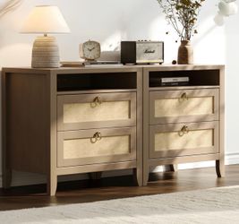 Dowinx 23.6" White Night Stand Set of 2, Large Rattan Nightstands with Charging Station 2 Drawers and Strage Shelf, Boho Night Stand Set of 2, Bed Sid
