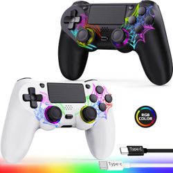 Fanyooge Controller for PS4, 2 Pack Spider Pattern RGB Controller for Ps4 with Hall Effect Joystick/1000mAh Battery/USB C/Dual Vibration/6-Axis 