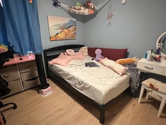 Complete Teen Bedroom Set – Full Bed, New Mattress, Small Dresser, Desk & Chair – $250