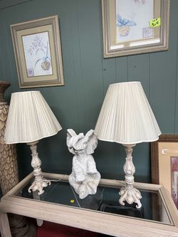 Pair of Vintage Cream French Provincial Table Lamps with Scalloped Pleated Shades