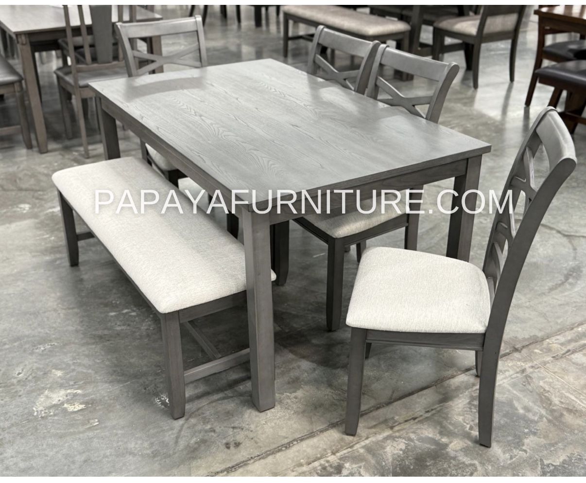 New! Grey Dining Set, 6pcs Dining Table, Chairs, Bench, Kitchen Table, Rectangular Dining Table Set, Casual Dining Table, Dinette Set,Table And Chairs