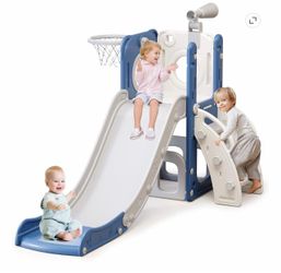 6 in 1 Toddler Slide for Toddlers Age 1-3, Extra-Long Slide with Basketball Hoop Indoor and Outdoor
