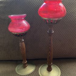 Vintage brass and wood candlestick tea light holders
