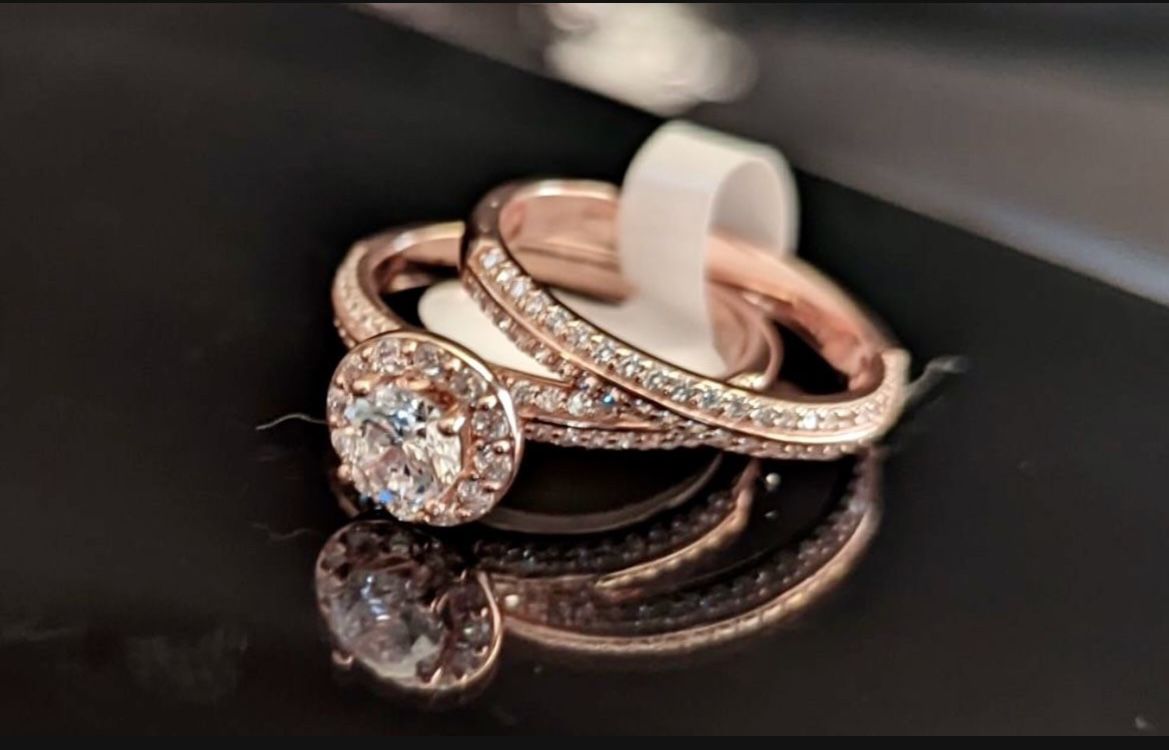 WEEKEND SALE !!!! Solid 925 Sterling Silver 14K Rose Gold Plated 2 Pc Engagement Wedding Ring Set