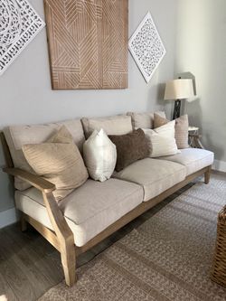3-Seat Sofa with Beige Linen,  Wood Frame