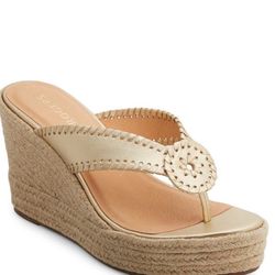 New JACK ROGERS Rowan Leather Gold Beige Platform Wedge Sandals