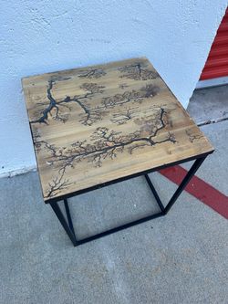 Wood Side Table with Lichtenberg Burn Art