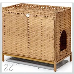Cat Litter Box Enclosure Furniture, Hidden Handwoven Rattan Litter Box with Mat, Large Cat House with Metal Heightened Feet, 30.3 x 18.3 x 28 Inches, 