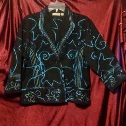 Women's Turquoise Embroidered "Choices" Black Blazer 3/4 Sleeve 1 Button Large