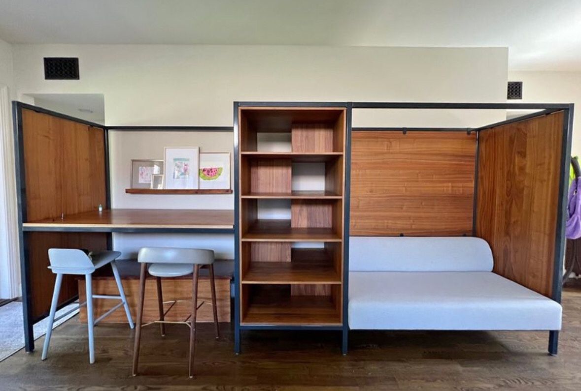 Couch, desk, & shelves - Custom Stand alone or Wall Unit - Locally made, modern steel & walnut sofa